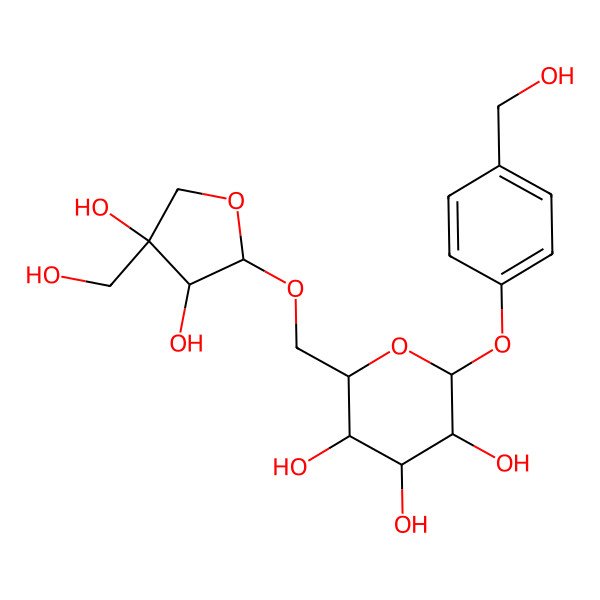 2D Structure of 2-[[3,4-Dihydroxy-4-(hydroxymethyl)oxolan-2-yl]oxymethyl]-6-[4-(hydroxymethyl)phenoxy]oxane-3,4,5-triol
