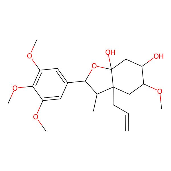 2D Structure of (2R,3S,3aR,5R,6S,7aS)-5-methoxy-3-methyl-3a-prop-2-enyl-2-(3,4,5-trimethoxyphenyl)-2,3,4,5,6,7-hexahydro-1-benzofuran-6,7a-diol