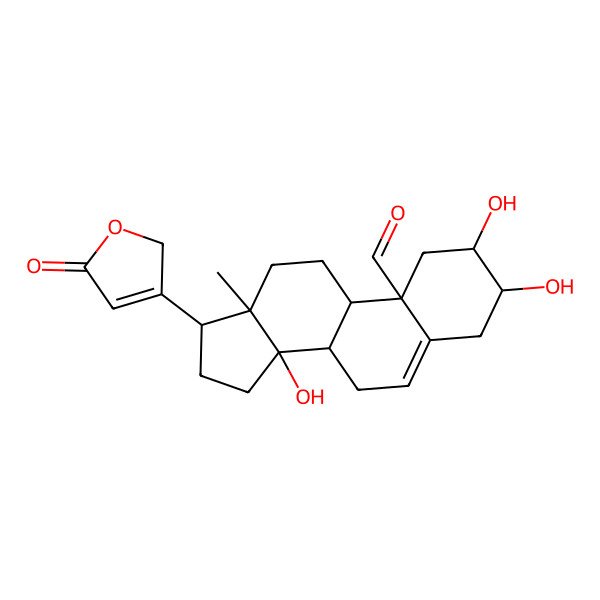 2D Structure of (2R,8R,9S,10S,13R,14S,17R)-2,3,14-trihydroxy-13-methyl-17-(5-oxo-2H-furan-3-yl)-1,2,3,4,7,8,9,11,12,15,16,17-dodecahydrocyclopenta[a]phenanthrene-10-carbaldehyde
