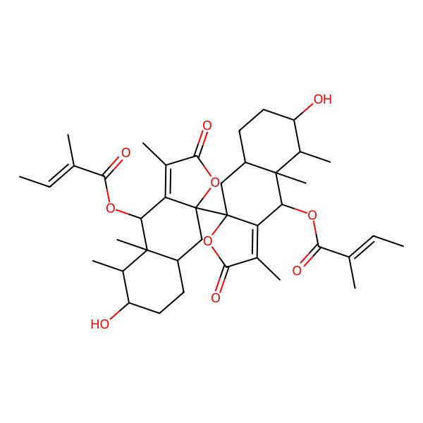2D Structure of [(4S,4aS,5R,6S,8aS,9aS)-9a-[(4S,4aS,5R,6S,8aS,9aS)-6-hydroxy-3,4a,5-trimethyl-4-[(Z)-2-methylbut-2-enoyl]oxy-2-oxo-5,6,7,8,8a,9-hexahydro-4H-benzo[f][1]benzofuran-9a-yl]-6-hydroxy-3,4a,5-trimethyl-2-oxo-5,6,7,8,8a,9-hexahydro-4H-benzo[f][1]benzofuran-4-yl] (Z)-2-methylbut-2-enoate