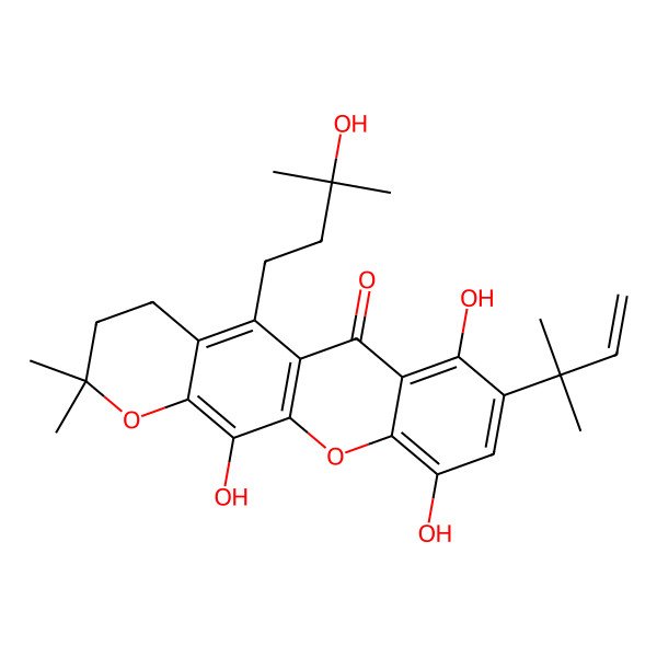 2D Structure of 7,10,12-Trihydroxy-5-(3-hydroxy-3-methylbutyl)-2,2-dimethyl-8-(2-methylbut-3-en-2-yl)-3,4-dihydropyrano[3,2-b]xanthen-6-one
