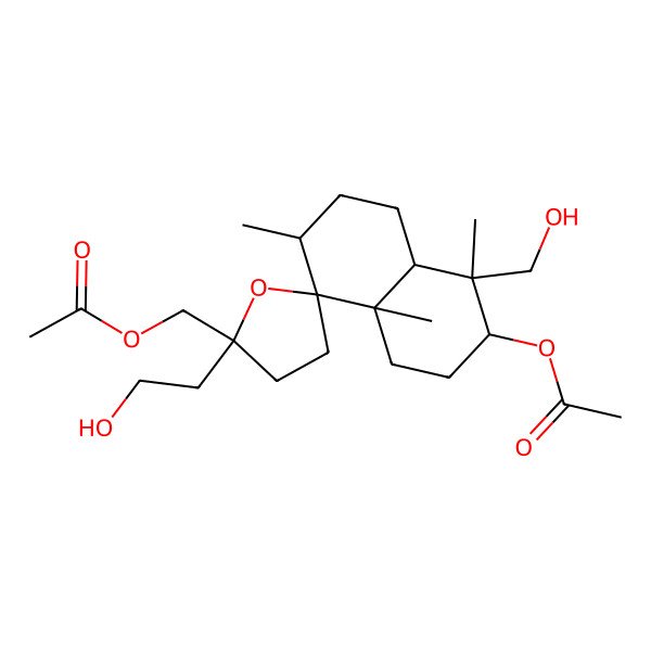 2D Structure of [(2'S,3R,4R,4aS,7S,8S,8aS)-3-acetyloxy-2'-(2-hydroxyethyl)-4-(hydroxymethyl)-4,7,8a-trimethylspiro[2,3,4a,5,6,7-hexahydro-1H-naphthalene-8,5'-oxolane]-2'-yl]methyl acetate