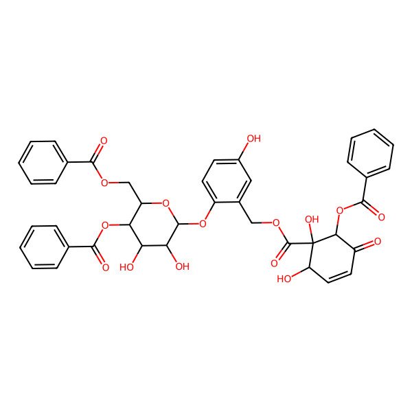 2D Structure of [2-[(2R,3S,4S,5R,6S)-5-benzoyloxy-6-(benzoyloxymethyl)-3,4-dihydroxyoxan-2-yl]oxy-5-hydroxyphenyl]methyl (1R,2R,6R)-6-benzoyloxy-1,2-dihydroxy-5-oxocyclohex-3-ene-1-carboxylate