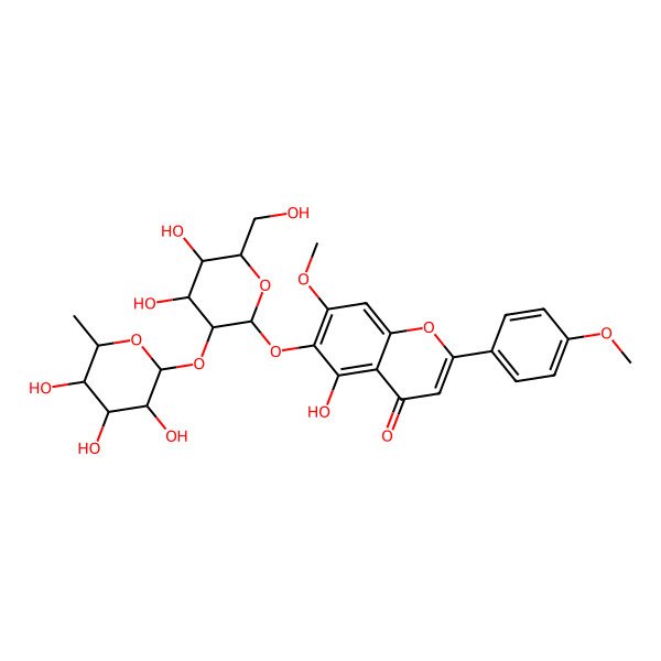 2D Structure of 6-[(2S,3S,4S,5S,6R)-4,5-dihydroxy-6-(hydroxymethyl)-3-[(2S,3R,4S,5R,6S)-3,4,5-trihydroxy-6-methyloxan-2-yl]oxyoxan-2-yl]oxy-5-hydroxy-7-methoxy-2-(4-methoxyphenyl)chromen-4-one