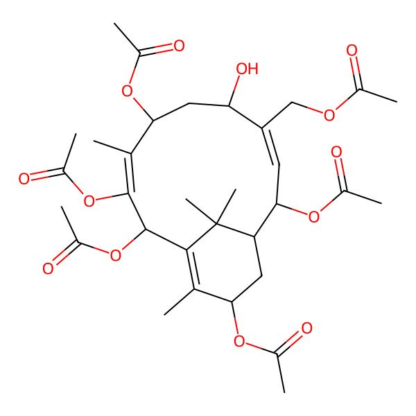 2D Structure of (2,7,9,10,13-Pentaacetyloxy-5-hydroxy-8,12,15,15-tetramethyl-4-bicyclo[9.3.1]pentadeca-3,8,11-trienyl)methyl acetate