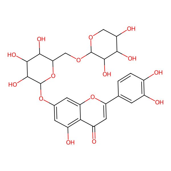 2D Structure of 2-(3,4-dihydroxyphenyl)-5-hydroxy-7-[(2S,3R,4S,5S,6R)-3,4,5-trihydroxy-6-[[(2S,3S,4S,5R)-3,4,5-trihydroxyoxan-2-yl]oxymethyl]oxan-2-yl]oxychromen-4-one