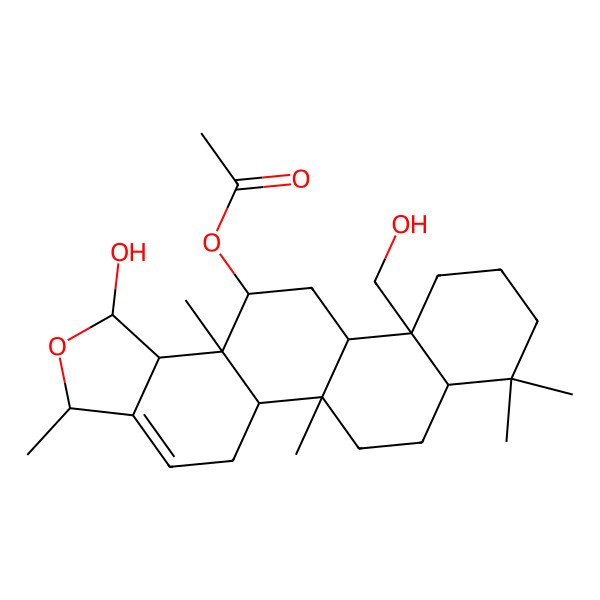 2D Structure of [(1R,3R,5aS,5bR,7aS,11aR,11bR,13S,13aS,13bS)-1-hydroxy-11a-(hydroxymethyl)-3,5b,8,8,13a-pentamethyl-1,3,5,5a,6,7,7a,9,10,11,11b,12,13,13b-tetradecahydrophenanthro[2,1-e][2]benzofuran-13-yl] acetate