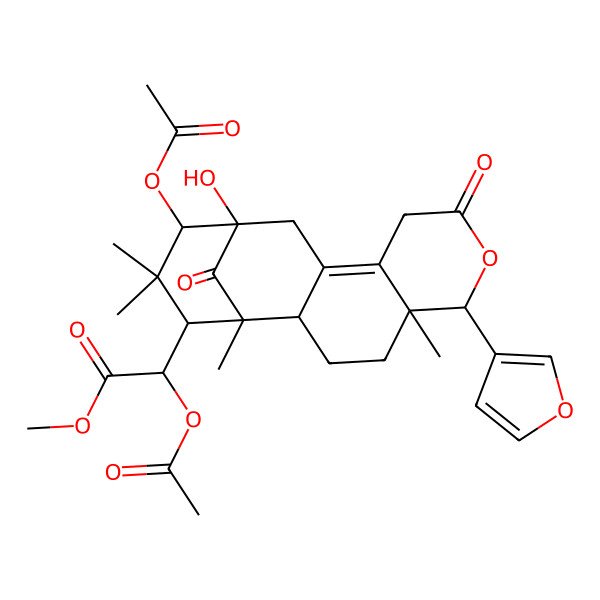 2D Structure of Methyl 2-acetyloxy-2-[14-acetyloxy-6-(furan-3-yl)-13-hydroxy-1,5,15,15-tetramethyl-8,17-dioxo-7-oxatetracyclo[11.3.1.02,11.05,10]heptadec-10-en-16-yl]acetate