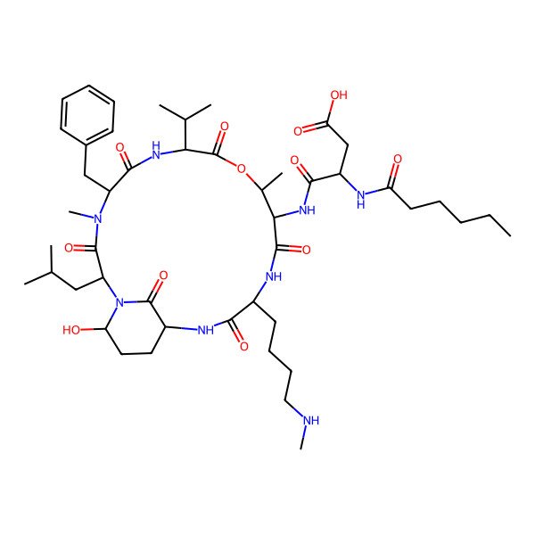 2D Structure of 4-[[(2S,5S,8S,11R,12S,15S)-5-benzyl-21-hydroxy-4,11-dimethyl-15-[4-(methylamino)butyl]-2-(2-methylpropyl)-3,6,9,13,16,22-hexaoxo-8-propan-2-yl-10-oxa-1,4,7,14,17-pentazabicyclo[16.3.1]docosan-12-yl]amino]-3-(hexanoylamino)-4-oxobutanoic acid