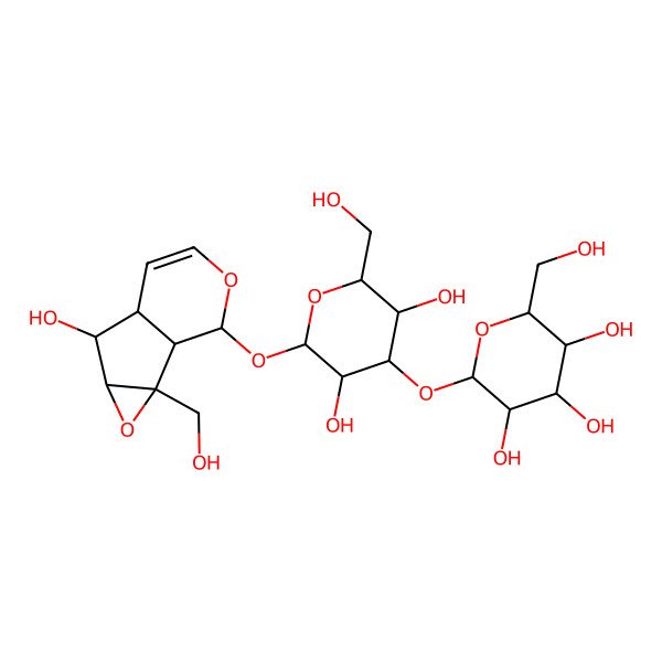 2D Structure of (2S,3R,4S,5S,6R)-2-[(2S,3R,4S,5R,6R)-3,5-dihydroxy-2-[[(1S,2S,4S,5S,6R,10S)-5-hydroxy-2-(hydroxymethyl)-3,9-dioxatricyclo[4.4.0.02,4]dec-7-en-10-yl]oxy]-6-(hydroxymethyl)oxan-4-yl]oxy-6-(hydroxymethyl)oxane-3,4,5-triol