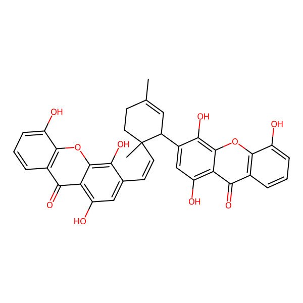 2D Structure of rel-3-[(1E)-2-[(1R,2R)-1,4-Dimethyl-2-(1,4,5-trihydroxy-9-oxo-9H-xanthen-3-yl)-3-cyclohexen-1-yl]ethenyl]-1,4,5-trihydroxy-9H-xanthen-9-one