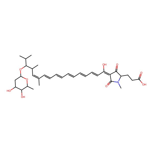 2D Structure of 3-[(2R)-4-[(2E,4E,6E,8Z,10Z,12E,14R,15S)-15-[(2R,4R,5R,6R)-4,5-dihydroxy-6-methyloxan-2-yl]oxy-1-hydroxy-12,14,16-trimethylheptadeca-2,4,6,8,10,12-hexaenylidene]-1-methyl-3,5-dioxopyrrolidin-2-yl]propanoic acid