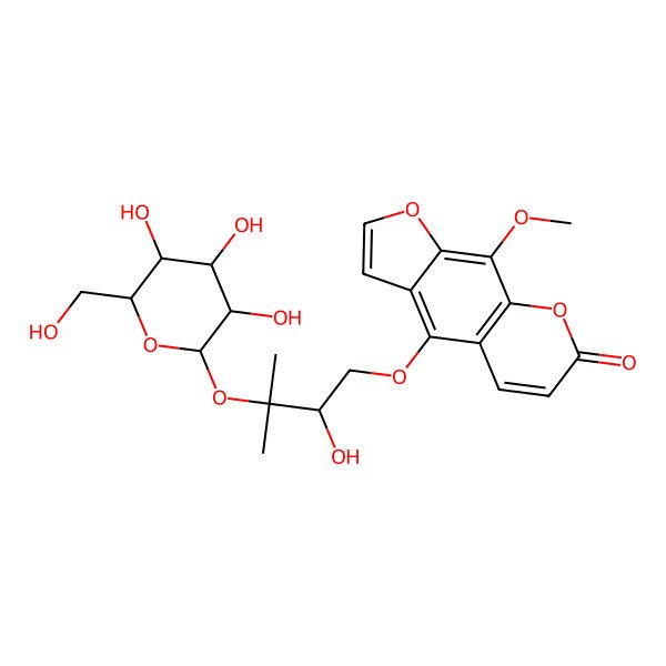 2D Structure of 4-[(2R)-2-hydroxy-3-methyl-3-[(2S,3R,4S,5S,6R)-3,4,5-trihydroxy-6-(hydroxymethyl)oxan-2-yl]oxybutoxy]-9-methoxyfuro[3,2-g]chromen-7-one