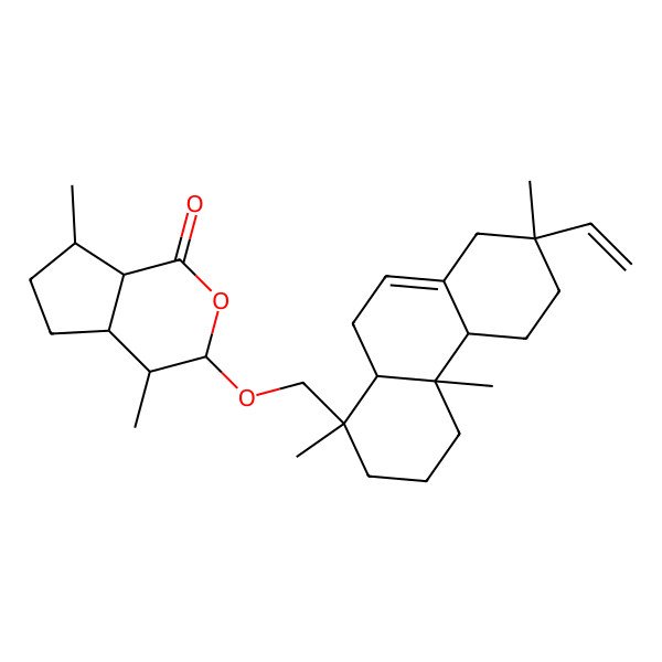 2D Structure of 3-[(7-ethenyl-1,4a,7-trimethyl-3,4,4b,5,6,8,10,10a-octahydro-2H-phenanthren-1-yl)methoxy]-4,7-dimethyl-4,4a,5,6,7,7a-hexahydro-3H-cyclopenta[c]pyran-1-one