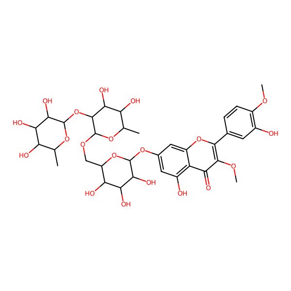 2D Structure of 7-[(2S,3R,4S,5S,6R)-6-[[(2R,3R,4R,5R,6S)-4,5-dihydroxy-6-methyl-3-[(2S,3R,4R,5R,6S)-3,4,5-trihydroxy-6-methyloxan-2-yl]oxyoxan-2-yl]oxymethyl]-3,4,5-trihydroxyoxan-2-yl]oxy-5-hydroxy-2-(3-hydroxy-4-methoxyphenyl)-3-methoxychromen-4-one