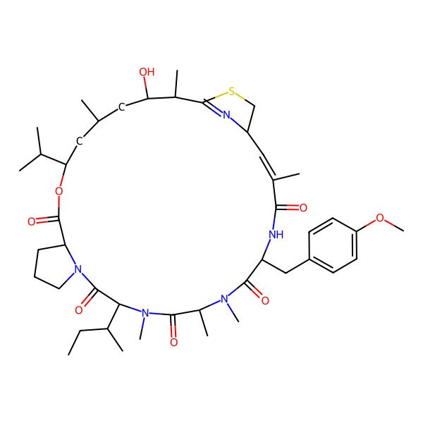 2D Structure of (2S,3S,5S,7S,10S,16R,19S,22S,25Z,27S)-16-[(2S)-butan-2-yl]-3-hydroxy-22-[(4-methoxyphenyl)methyl]-2,5,17,19,20,25-hexamethyl-7-propan-2-yl-8-oxa-29-thia-14,17,20,23,30-pentazatricyclo[25.2.1.010,14]triaconta-1(30),25-diene-9,15,18,21,24-pentone