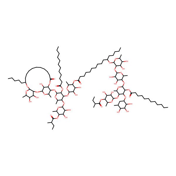 2D Structure of [6-[3-[3,4-Dihydroxy-6-methyl-5-(2-methylbutanoyloxy)oxan-2-yl]oxy-5-dodecanoyloxy-2-methyl-6-[(4,5,26-trihydroxy-6,24-dimethyl-20-oxo-10-pentyl-2,7,9,21,25-pentaoxatricyclo[20.3.1.03,8]hexacosan-23-yl)oxy]oxan-4-yl]oxy-4,5-dihydroxy-2-methyloxan-3-yl] 11-[3-[5-[5-[3,4-dihydroxy-6-methyl-5-(2-methylbutanoyloxy)oxan-2-yl]oxy-3-dodecanoyloxy-6-methyl-4-(2,3,4-trihydroxy-5-methylcyclohexyl)oxyoxan-2-yl]oxy-3,4-dihydroxy-6-methyloxan-2-yl]oxy-4,5-dihydroxy-6-methyloxan-2-yl]oxyhexadecanoate