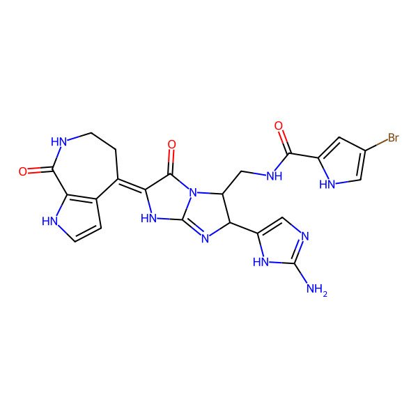 2D Structure of N-[[(2S,3R,6E)-2-(2-amino-1H-imidazol-5-yl)-5-oxo-6-(8-oxo-1,5,6,7-tetrahydropyrrolo[2,3-c]azepin-4-ylidene)-3,7-dihydro-2H-imidazo[1,2-a]imidazol-3-yl]methyl]-4-bromo-1H-pyrrole-2-carboxamide