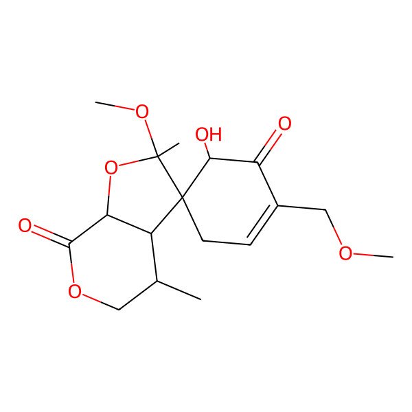 2D Structure of 6'-Hydroxy-2-methoxy-2'-(methoxymethyl)-2,4-dimethylspiro[3a,4,5,7a-tetrahydrofuro[2,3-c]pyran-3,5'-cyclohex-2-ene]-1',7-dione