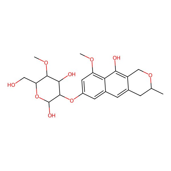 2D Structure of 3-[[(3S)-10-hydroxy-9-methoxy-3-methyl-3,4-dihydro-1H-benzo[g]isochromen-7-yl]oxy]-6-(hydroxymethyl)-5-methoxyoxane-2,4-diol