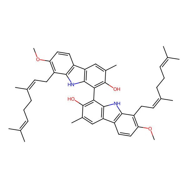 2D Structure of 8-(3,7-dimethylocta-2,6-dienyl)-1-[8-(3,7-dimethylocta-2,6-dienyl)-2-hydroxy-7-methoxy-3-methyl-9H-carbazol-1-yl]-7-methoxy-3-methyl-9H-carbazol-2-ol