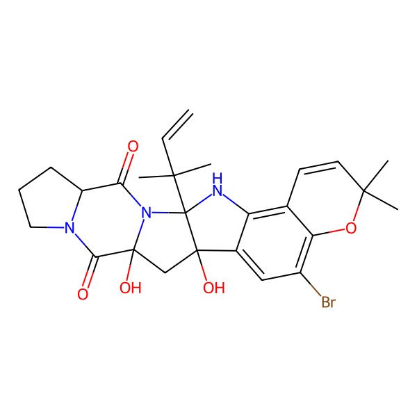 2D Structure of 4-Bromo-1,22-dihydroxy-7,7-dimethyl-13-(2-methylbut-3-en-2-yl)-6-oxa-12,14,20-triazahexacyclo[11.10.0.02,11.05,10.014,22.016,20]tricosa-2,4,8,10-tetraene-15,21-dione