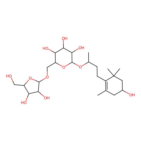 2D Structure of (2R,3R,4S,5R,6R)-2-[[(2S,3S,4R,5R)-3,4-dihydroxy-5-(hydroxymethyl)oxolan-2-yl]oxymethyl]-6-[(2R)-4-[(4S)-4-hydroxy-2,6,6-trimethylcyclohexen-1-yl]butan-2-yl]oxyoxane-3,4,5-triol