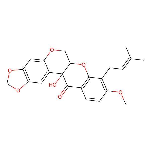 2D Structure of 1-Hydroxy-17-methoxy-16-(3-methylbut-2-enyl)-5,7,11,14-tetraoxapentacyclo[11.8.0.02,10.04,8.015,20]henicosa-2,4(8),9,15(20),16,18-hexaen-21-one