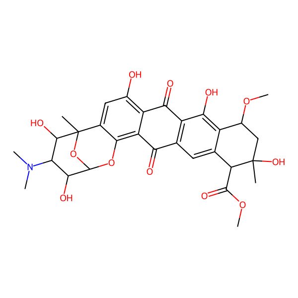 2D Structure of methyl (1R,10S,12S,13R,21R,22S,23R,24R)-23-(dimethylamino)-4,8,12,22,24-pentahydroxy-10-methoxy-1,12-dimethyl-6,17-dioxo-20,25-dioxahexacyclo[19.3.1.02,19.05,18.07,16.09,14]pentacosa-2,4,7(16),8,14,18-hexaene-13-carboxylate
