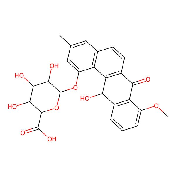 2D Structure of 3,4,5-trihydroxy-6-[(12-hydroxy-8-methoxy-3-methyl-7-oxo-12H-benzo[a]anthracen-1-yl)oxy]oxane-2-carboxylic acid