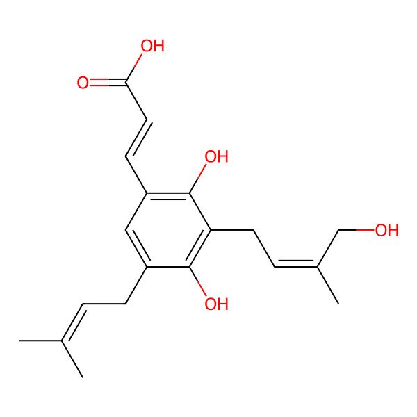 2D Structure of (E)-3-[2,4-dihydroxy-3-[(E)-4-hydroxy-3-methylbut-2-enyl]-5-(3-methylbut-2-enyl)phenyl]prop-2-enoic acid