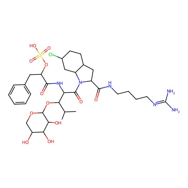 2D Structure of [(2S)-1-[[(2S,3R)-1-[(2S,3aR,6R,7aR)-6-chloro-2-[4-(diaminomethylideneamino)butylcarbamoyl]-2,3,3a,4,5,6,7,7a-octahydroindol-1-yl]-4-methyl-1-oxo-3-[(2S,3R,4S,5R)-3,4,5-trihydroxyoxan-2-yl]oxypentan-2-yl]amino]-1-oxo-3-phenylpropan-2-yl] hydrogen sulfate