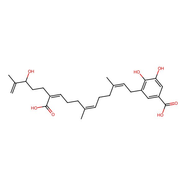 2D Structure of 3-[(2E,6E,10E,14R)-11-carboxy-14-hydroxy-3,7,15-trimethylhexadeca-2,6,10,15-tetraenyl]-4,5-dihydroxybenzoic acid