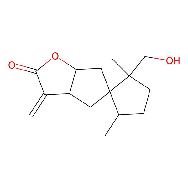 2D Structure of (1'S,3'R,3aR,5R,6aR)-1'-(hydroxymethyl)-1',3'-dimethyl-3-methylidenespiro[3a,4,6,6a-tetrahydrocyclopenta[b]furan-5,2'-cyclopentane]-2-one