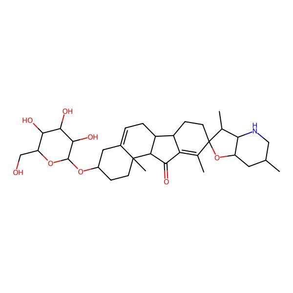 2D Structure of (3S,3'R,3'aR,6'S,6aS,6bS,7'aS,9S,11aS,11bR)-3',6',10,11b-tetramethyl-3-[(2R,3R,4S,5S,6R)-3,4,5-trihydroxy-6-(hydroxymethyl)oxan-2-yl]oxyspiro[1,2,3,4,6,6a,6b,7,8,11a-decahydrobenzo[a]fluorene-9,2'-3a,4,5,6,7,7a-hexahydro-3H-furo[3,2-b]pyridine]-11-one