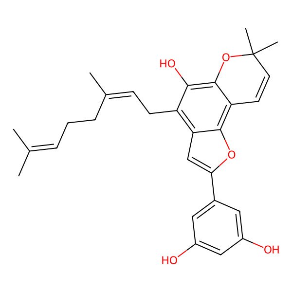 2D Structure of 5-[4-[(2E)-3,7-dimethylocta-2,6-dienyl]-5-hydroxy-7,7-dimethylfuro[2,3-f]chromen-2-yl]benzene-1,3-diol