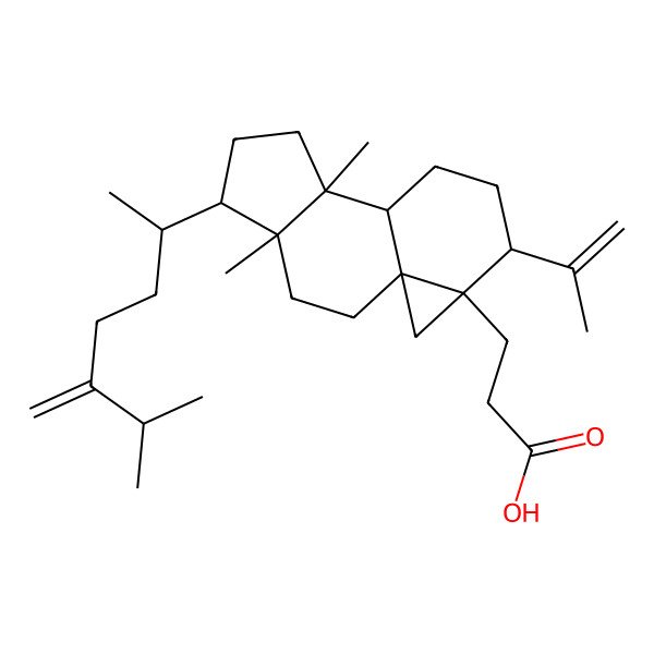 2D Structure of 3-[4,8-Dimethyl-5-(6-methyl-5-methylideneheptan-2-yl)-12-prop-1-en-2-yl-13-tetracyclo[7.5.0.01,13.04,8]tetradecanyl]propanoic acid