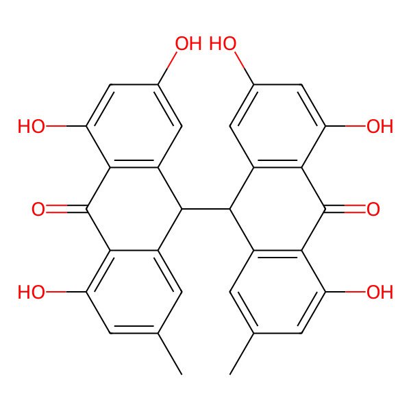 2D Structure of (10R)-1,3,8-trihydroxy-6-methyl-10-[(9R)-2,4,5-trihydroxy-7-methyl-10-oxo-9H-anthracen-9-yl]-10H-anthracen-9-one
