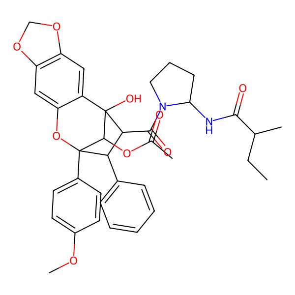 2D Structure of [(1R,12R,13R,14S,15R)-1-hydroxy-12-(4-methoxyphenyl)-14-[(2R)-2-[[(2R)-2-methylbutanoyl]amino]pyrrolidine-1-carbonyl]-13-phenyl-5,7,11-trioxatetracyclo[10.2.1.02,10.04,8]pentadeca-2,4(8),9-trien-15-yl] acetate