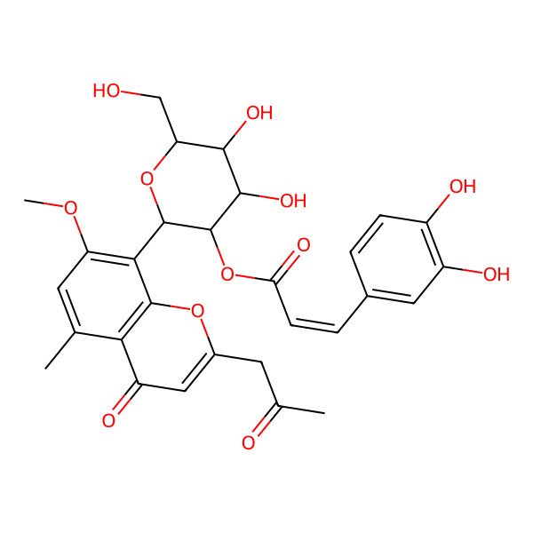 2D Structure of [4,5-Dihydroxy-6-(hydroxymethyl)-2-[7-methoxy-5-methyl-4-oxo-2-(2-oxopropyl)chromen-8-yl]oxan-3-yl] 3-(3,4-dihydroxyphenyl)prop-2-enoate