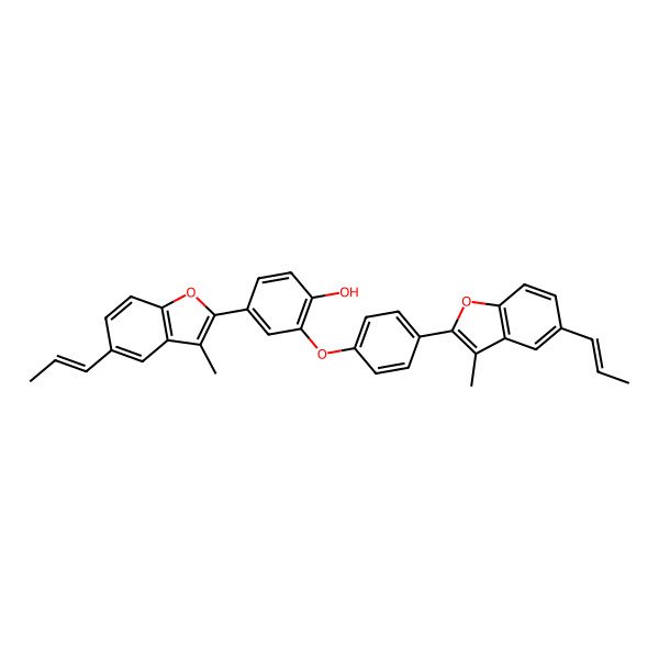 2D Structure of 4-[3-methyl-5-[(E)-prop-1-enyl]-1-benzofuran-2-yl]-2-[4-[3-methyl-5-[(E)-prop-1-enyl]-1-benzofuran-2-yl]phenoxy]phenol