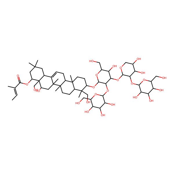2D Structure of [(4S,4aR,5R,6aR,6aS,6bR,8aR,9R,10S,12aR,14bS)-10-[(2R,3R,4S,5R,6R)-4-[(2S,3R,4S,5S)-4,5-dihydroxy-3-[(2S,3R,4S,5S,6R)-3,4,5-trihydroxy-6-(hydroxymethyl)oxan-2-yl]oxyoxan-2-yl]oxy-5-hydroxy-6-(hydroxymethyl)-3-[(2S,3R,4S,5R,6R)-3,4,5-trihydroxy-6-(hydroxymethyl)oxan-2-yl]oxyoxan-2-yl]oxy-5-hydroxy-4a,9-bis(hydroxymethyl)-2,2,6a,6b,9,12a-hexamethyl-1,3,4,5,6,6a,7,8,8a,10,11,12,13,14b-tetradecahydropicen-4-yl] (Z)-2-methylbut-2-enoate