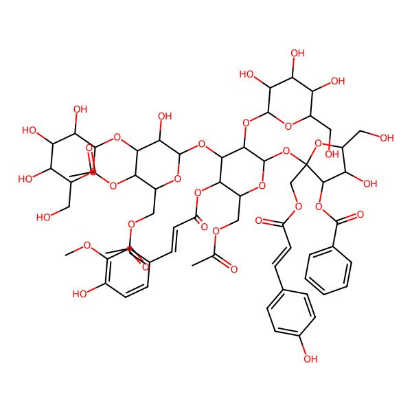 2D Structure of [(2S,3S,4R,5R)-2-[(2R,3R,4S,5R,6R)-4-[(2S,3R,4R,5R,6R)-5-acetyloxy-6-(acetyloxymethyl)-3-hydroxy-4-[(2S,3R,4S,5S,6R)-3,4,5-trihydroxy-6-(hydroxymethyl)oxan-2-yl]oxyoxan-2-yl]oxy-6-(acetyloxymethyl)-5-[(E)-3-(4-hydroxy-3-methoxyphenyl)prop-2-enoyl]oxy-3-[(2S,3R,4S,5S,6R)-3,4,5-trihydroxy-6-(hydroxymethyl)oxan-2-yl]oxyoxan-2-yl]oxy-4-hydroxy-5-(hydroxymethyl)-2-[[(E)-3-(4-hydroxyphenyl)prop-2-enoyl]oxymethyl]oxolan-3-yl] benzoate