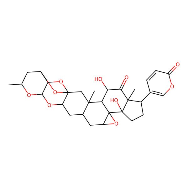 2D Structure of 3a,14-Dihydroxy-9,13a,15a-trimethyl-1-(2-oxo-2h-pyran-5-yl)hexadecahydro-4ah,7ah-11,12a-epoxycyclopenta[7,8]oxireno[8a,9]phenanthro[2,3-b]pyrano[3,2-e][1,4]dioxin-15(1h)-one