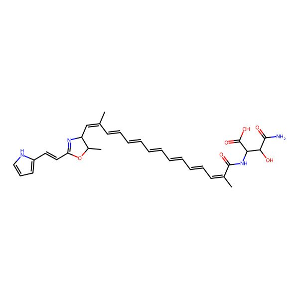 2D Structure of 4-amino-2-[[2,14-dimethyl-15-[5-methyl-2-[2-(1H-pyrrol-2-yl)ethenyl]-4,5-dihydro-1,3-oxazol-4-yl]pentadeca-2,4,6,8,10,12,14-heptaenoyl]amino]-3-hydroxy-4-oxobutanoic acid