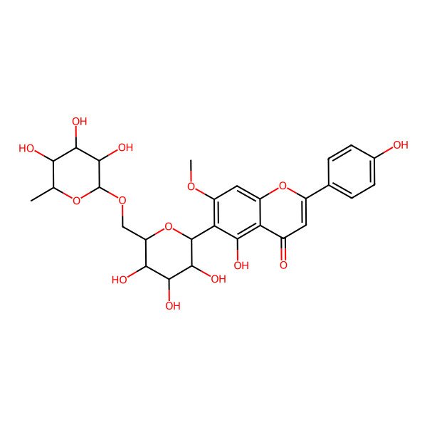 2D Structure of 5-Hydroxy-2-(4-hydroxyphenyl)-7-methoxy-6-[3,4,5-trihydroxy-6-[(3,4,5-trihydroxy-6-methyloxan-2-yl)oxymethyl]oxan-2-yl]chromen-4-one