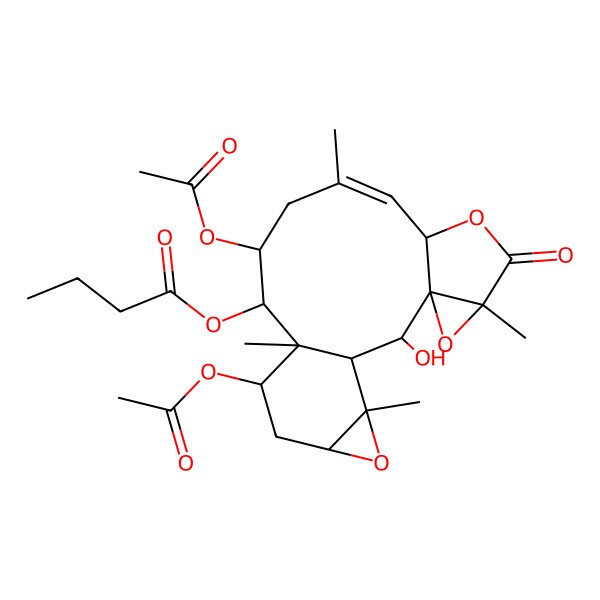 2D Structure of [(1S,2S,3R,5R,8S,9Z,12R,13R,14R,15S,17S,19R)-12,15-diacetyloxy-2-hydroxy-5,10,14,19-tetramethyl-6-oxo-4,7,18-trioxapentacyclo[12.5.0.03,5.03,8.017,19]nonadec-9-en-13-yl] butanoate