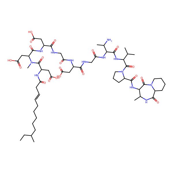2D Structure of 4-[[2-[[3-amino-1-[[3-methyl-1-[2-[(3-methyl-1,5-dioxo-2,3,4,7,8,9,10,10a-octahydropyrido[1,2-a][1,4]diazepin-4-yl)carbamoyl]pyrrolidin-1-yl]-1-oxobutan-2-yl]amino]-1-oxobutan-2-yl]amino]-2-oxoethyl]amino]-3-[[2-[[3-carboxy-2-[[3-carboxy-2-[[3-carboxy-2-[[(E)-10-methyldodec-3-enoyl]amino]propanoyl]-methylamino]propanoyl]amino]propanoyl]amino]acetyl]amino]-4-oxobutanoic acid