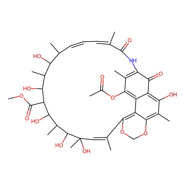 2D Structure of methyl (7E,9Z,11R,13R,14R,15R,16R,17R,18R,19R,20E)-2-acetyloxy-12,14,16,18,19,28-hexahydroxy-3,7,11,13,17,19,21,27-octamethyl-6,31-dioxo-23,25-dioxa-5-azatetracyclo[20.7.1.14,29.026,30]hentriaconta-1,3,7,9,20,22(30),26,28-octaene-15-carboxylate