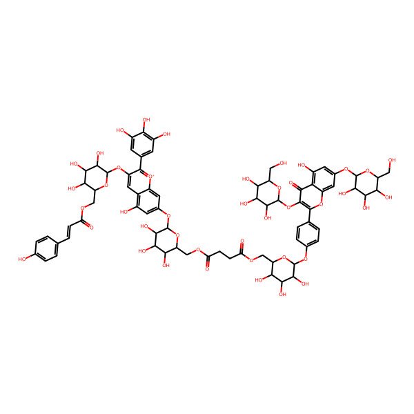 2D Structure of (6'''-O-(Delphinidin 3-O-(6''-O-p-coumaroyl-glucoside) 7-O-glucosyl)) (6''''-O-(kaempferol 3,7-di-O-glucoside, 4'-O-glucosyl))succinate